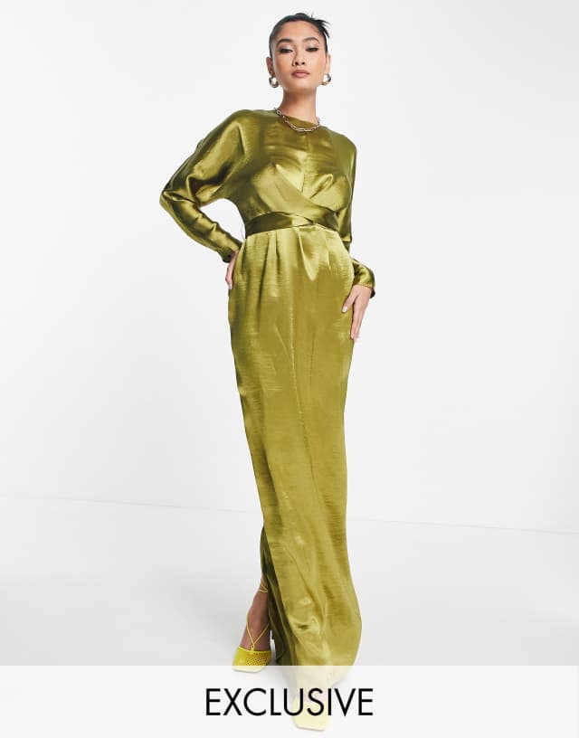 ASOS DESIGN maxi dress with batwing sleeve and wrap waist in satin in olive