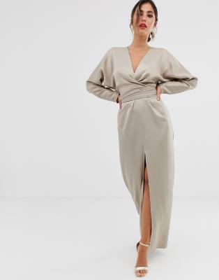 asos design maxi dress with batwing sleeve and wrap waist in satin