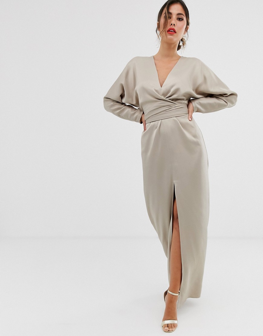 ASOS DESIGN maxi dress with batwing sleeve and wrap waist in satin-Beige