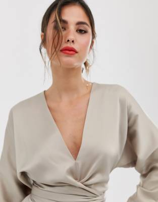 asos design maxi dress with batwing sleeve and wrap waist in satin