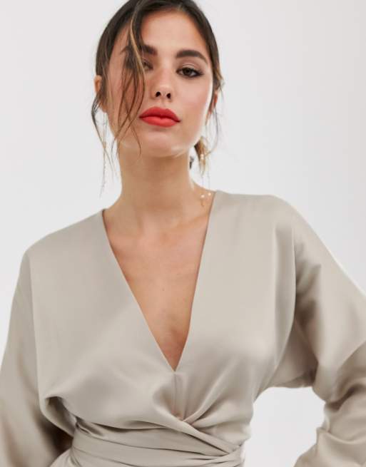 Asos design mini dress with batwing sleeve and wrap waist in outlet satin