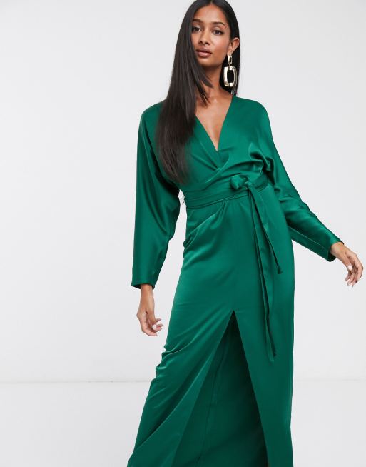 ASOS DESIGN maxi dress with batwing sleeve and wrap waist in satin