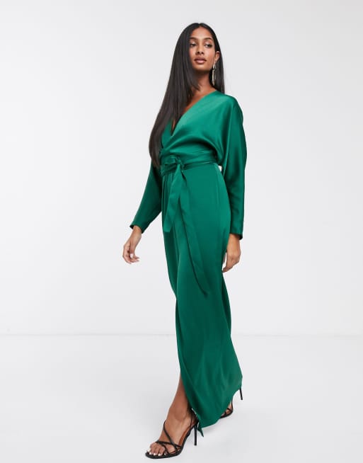 ASOS DESIGN maxi dress with batwing sleeve and wrap waist in satin