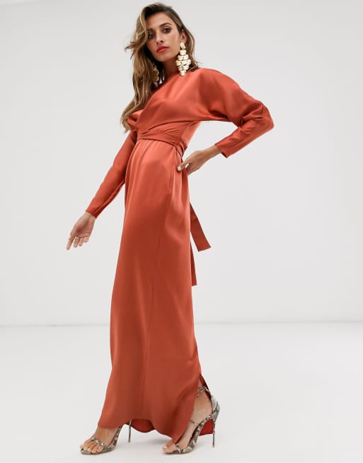 maxi dress with batwing sleeve and wrap waist in satin ASOS DESIGN maxi dress with batwing sleeve and wrap waist in satin in  bright pink
