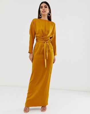 ASOS DESIGN MAXI DRESS WITH BATWING SLEEVE AND WRAP WAIST IN SATIN-GOLD,23483