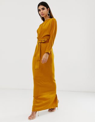 asos design maxi dress with wrap waist with horn detail in satin