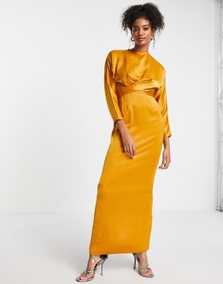 Shop Asos Design Satin Maxi Dress With Batwing Sleeve And Wrap Waist In Mustard-yellow