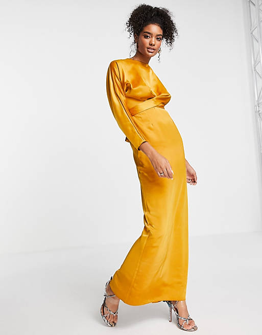 Women maxi dress with batwing sleeve and wrap waist in satin 