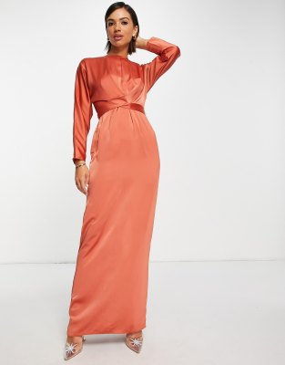 Asos Design Satin Maxi Dress With Batwing Sleeve And Wrap Waist In Rust-orange In Brown