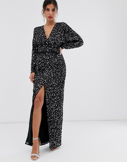 ASOS DESIGN maxi dress with batwing sleeve and wrap waist in scatter sequin
