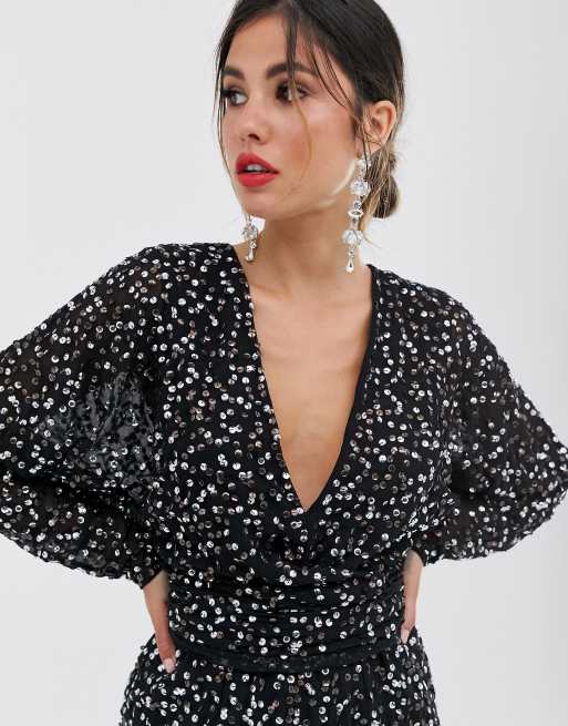 Asos design midi dress with batwing sleeve and wrap clearance waist in scatter sequin