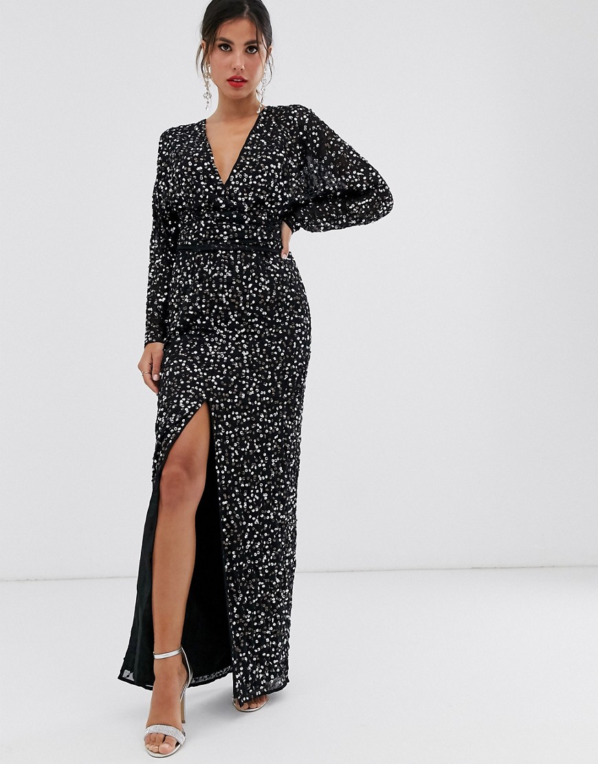 ASOS DESIGN MAXI DRESS WITH BATWING SLEEVE AND WRAP WAIST IN SCATTER SEQUIN-BLACK,GOD555 MAXI