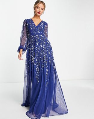 ASOS DESIGN maxi dress with blouson sleeve and delicate floral embellishment in navy