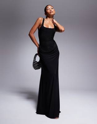 Asos Design Maxi Dress With Burnout Bodice And Draped Slinky Skirt-black