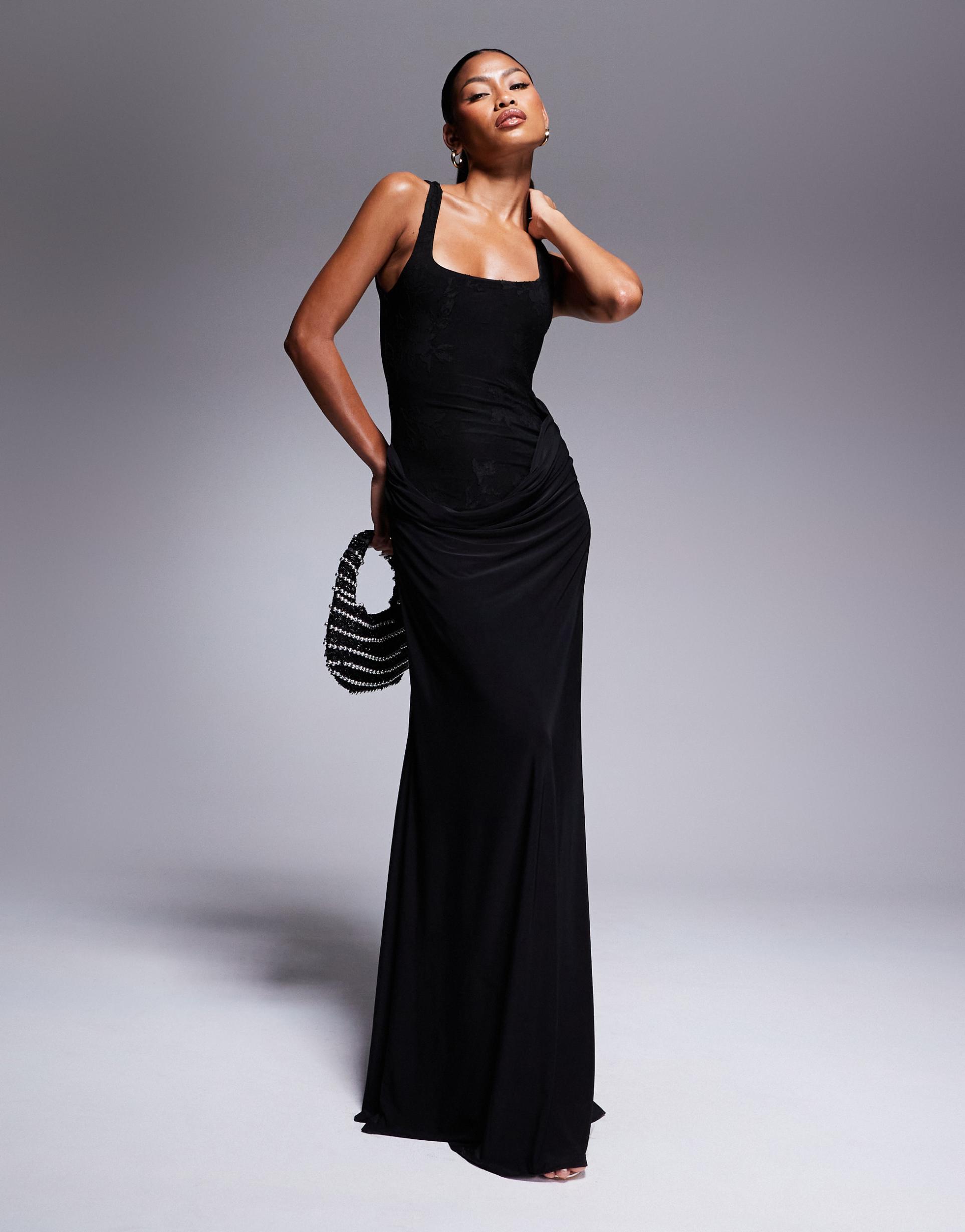 asos design maxi dress with burnout bodice and draped slinky skirt