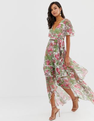 asos design maxi dress with cape back and dipped hem in light floral print