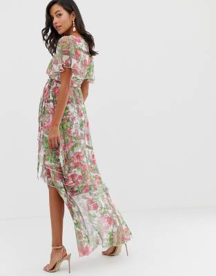 asos design maxi dress with cape back and dipped hem in light floral print