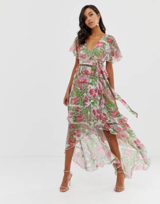 asos design maxi dress with cape back and dipped hem in light floral print