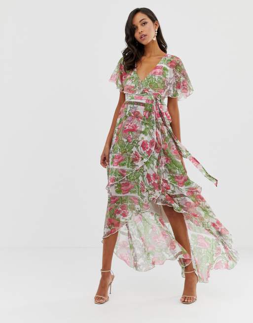 Asos design maxi dress with cape back shop and dipped hem in light floral print