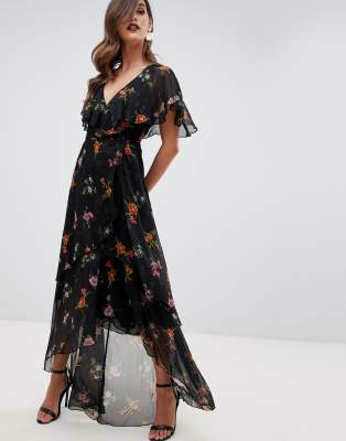 asos design maxi dress with cape back and dipped hem in light floral print