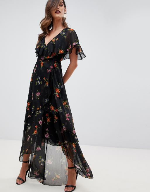 ASOS DESIGN maxi dress with cape back and dipped hem in dark black ...