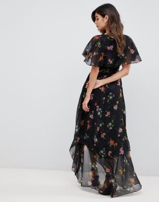 asos design maxi dress with cape back and dipped hem in light floral print