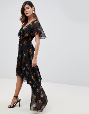 asos design maxi dress with cape back and dipped hem in light floral print
