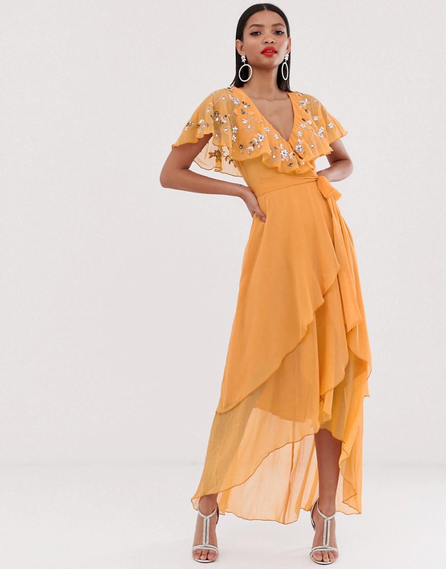 ASOS DESIGN maxi dress with cape back and dipped hem in embellishment-Orange