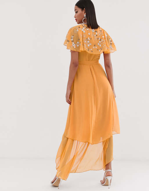 Asos design midi dress with cape shop back and dipped hem in embellishment