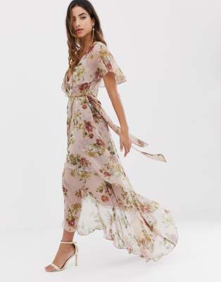 asos design maxi dress with cape back and dipped hem in light floral print