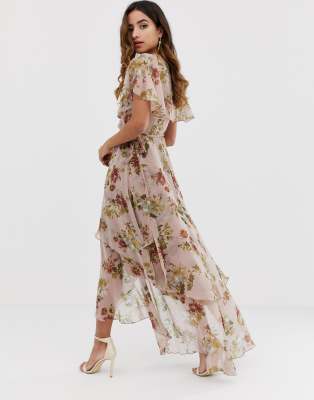 asos design maxi dress with cape back and dipped hem in light floral print