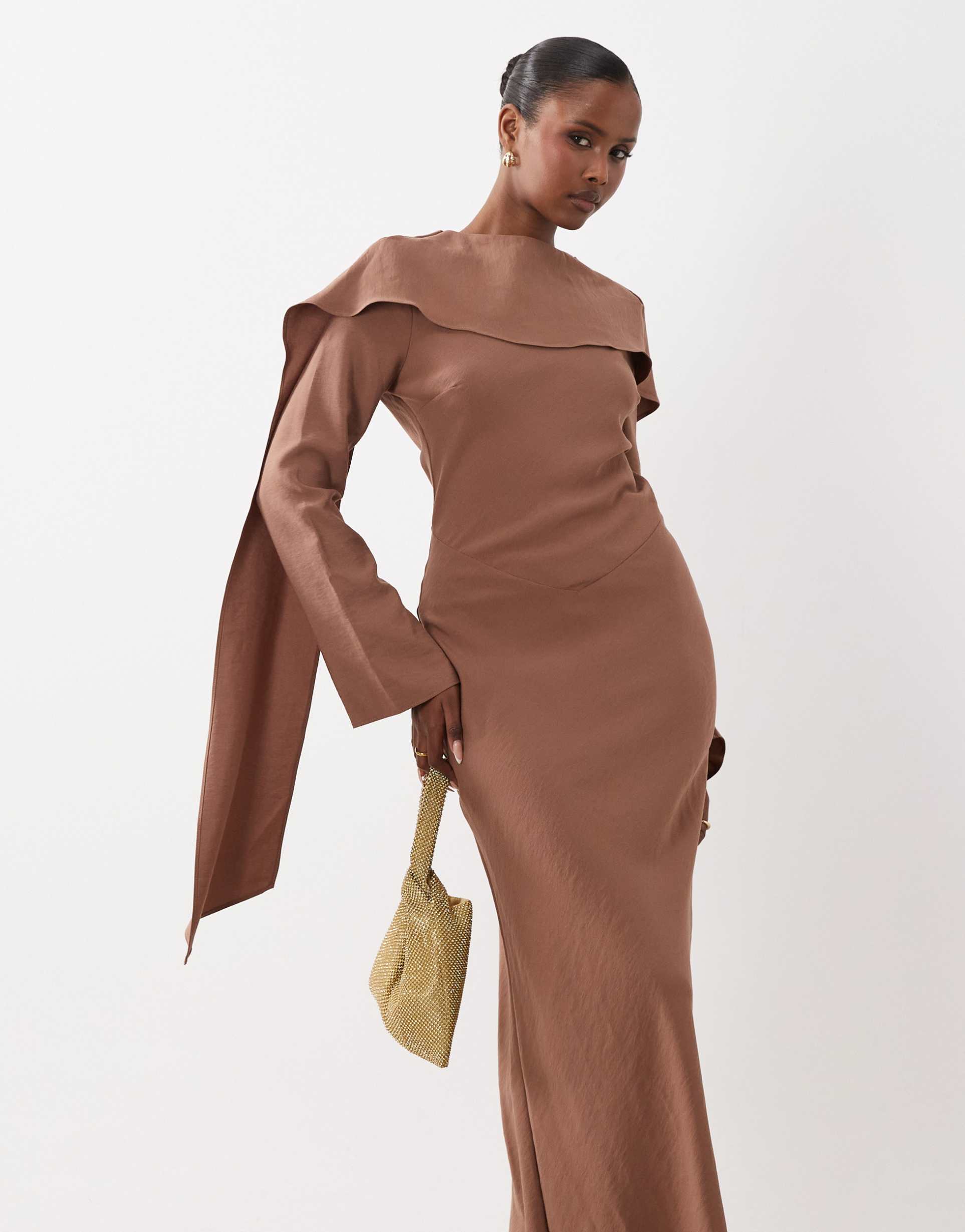 asos design maxi dress with cape scarf detail in cocoa