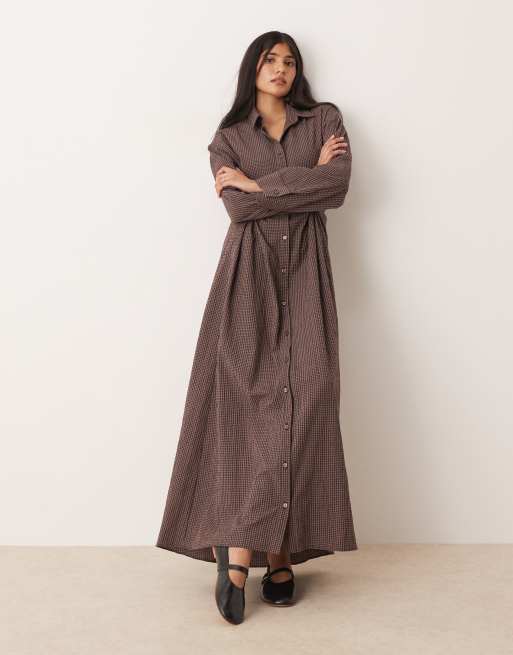 ASOS DESIGN maxi dress with cinched waist detail in brown and navy gingham
