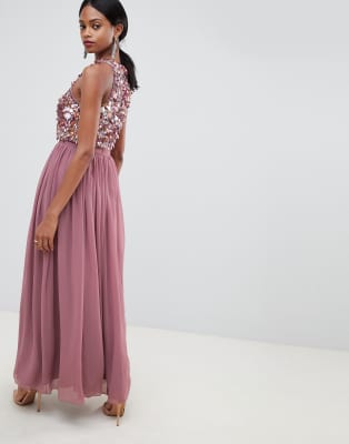 asos design maxi dress with long sleeve embellished bodice