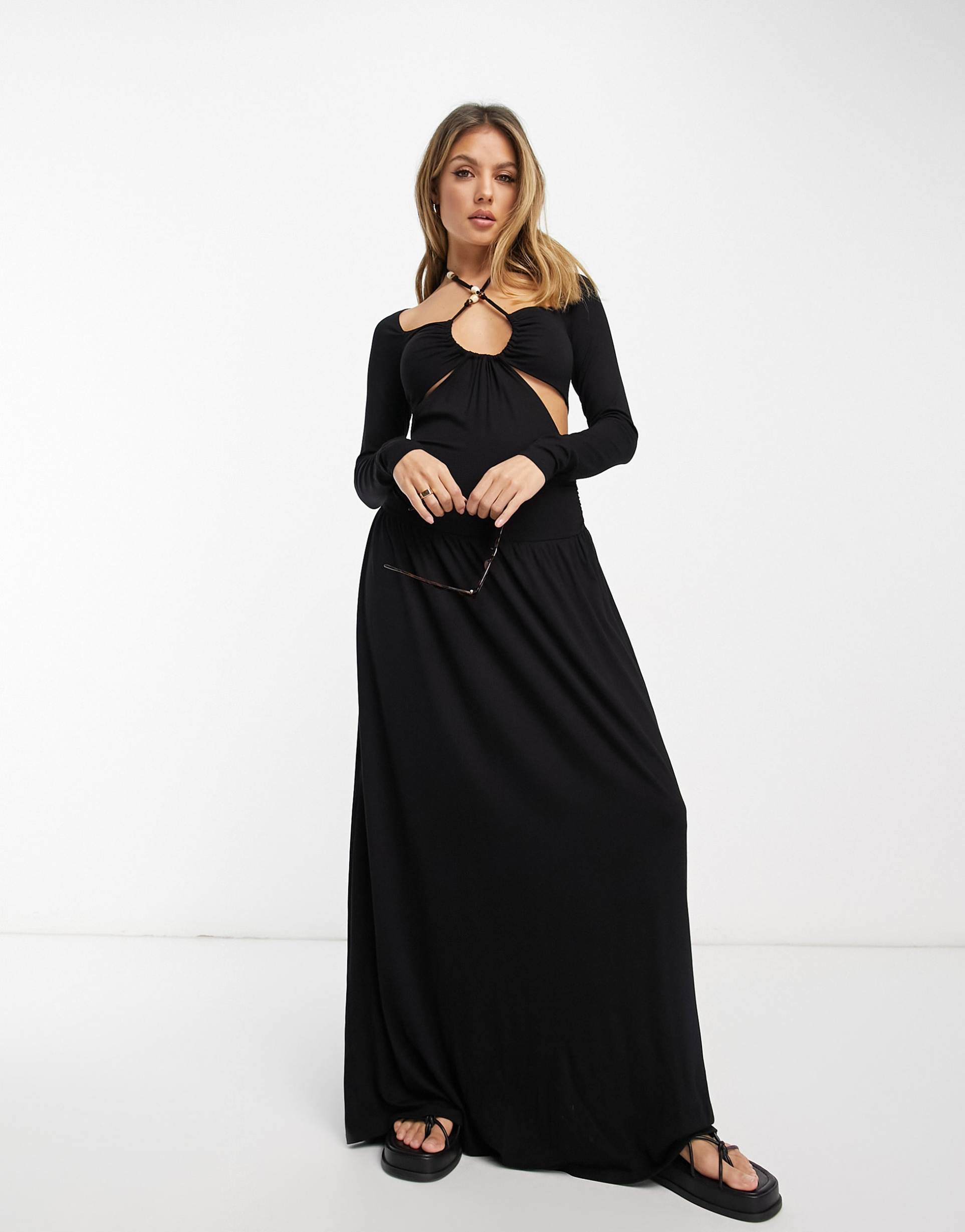 asos design maxi dress with cut-out detail and tie neck with beaded trim