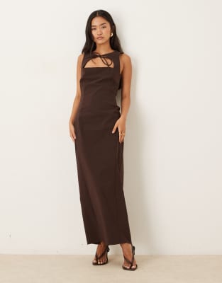 Asos Design Maxi Dress With Cut-out Front Detail In Brown