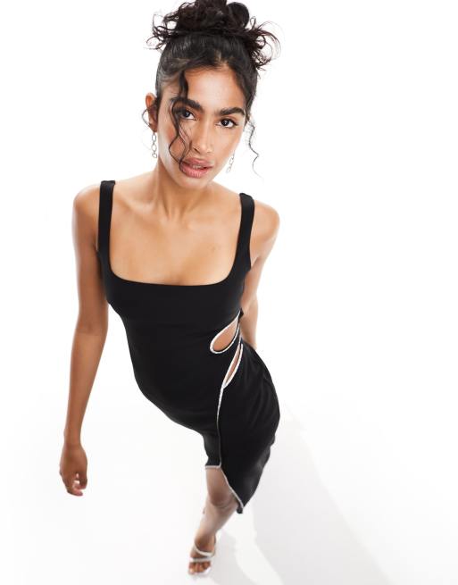 ASOS DESIGN maxi dress with diamante cut out and high split in black | ASOS
