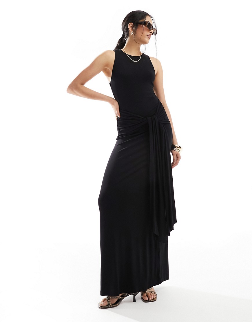Asos Design Maxi Dress With Drape Tie Front In Black