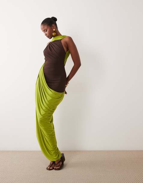 ASOS DESIGN maxi dress with draped skirt into scarf detail in brown and green - view 1