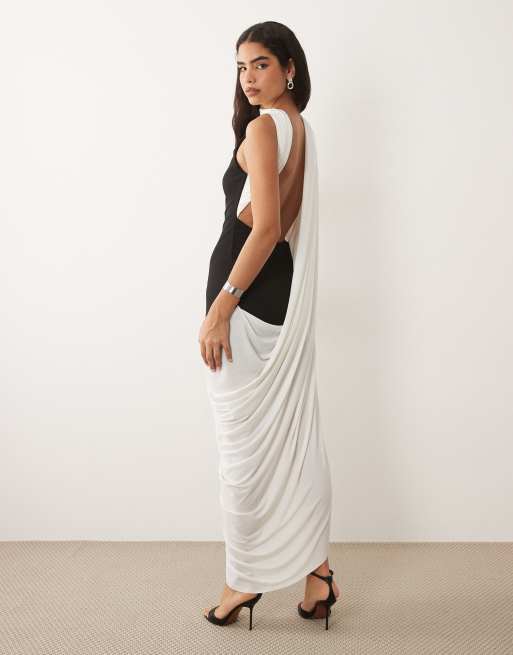 ASOS DESIGN maxi dress with draped skirt into scarf detailing in mono black and white, 3 of 4