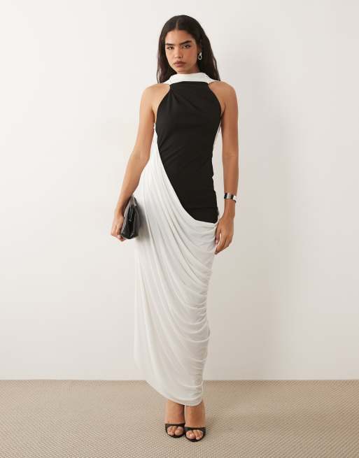 ASOS DESIGN maxi dress with draped skirt into scarf detailing in mono black and white, 4 of 4