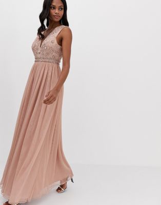 asos design maxi dress in tulle with embellished bodice