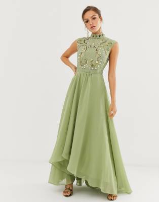 asos design maxi dress with long sleeve embellished bodice