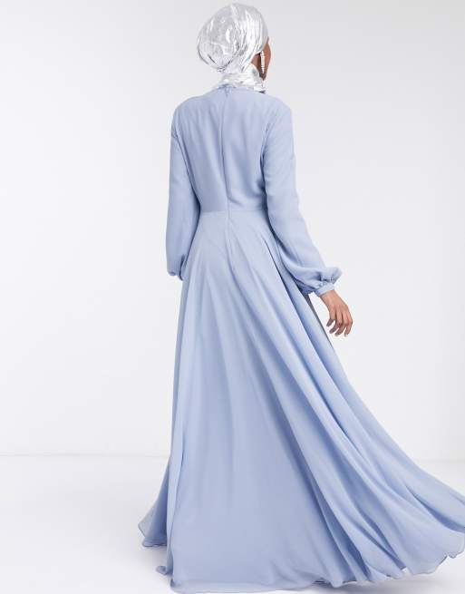 Asos Design Maxi Dress With Embellished Neckline And Long Sleeve In Pale Blue Asos