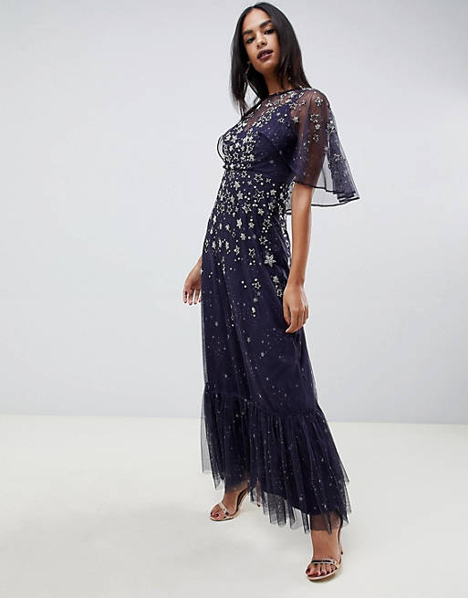 ASOS DESIGN maxi dress with flutter sleeve in star embellishment