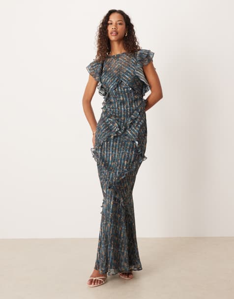 ASOS DESIGN maxi dress with frill body detail in blue ditsy print