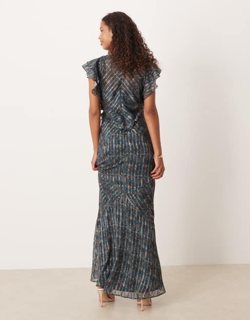 ASOS DESIGN maxi dress with frill body detail in blue ditsy print, 3 of 4