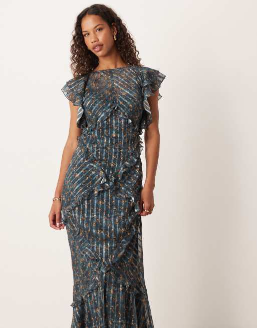 ASOS DESIGN maxi dress with frill body detail in blue ditsy print, 4 of 4