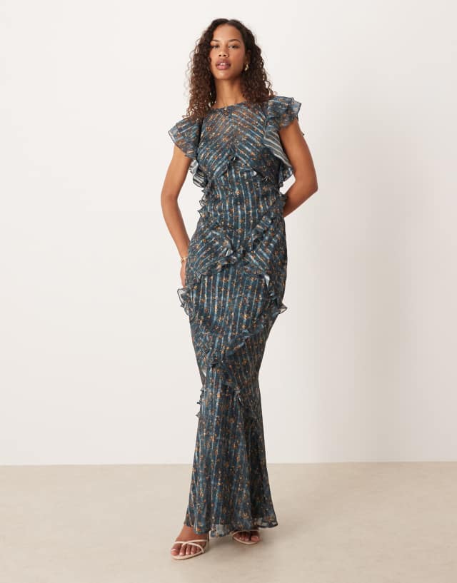 asos blue dress with flowers DESIGN maxi frill body detailing in floral print Color:Navy blue MOB For the Occasion Black Pair this dress with