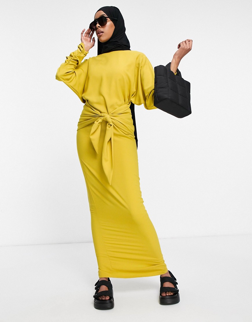 ASOS DESIGN maxi dress with gathered cuff and tie front detail-Gold